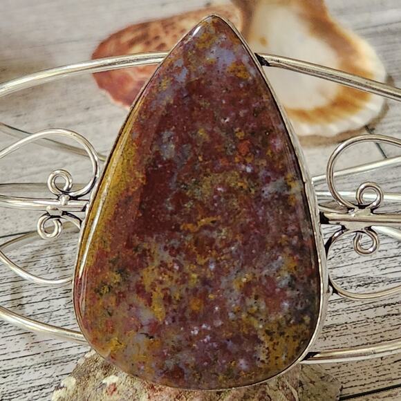 Blazing Flames Fire Jasper Silver Cuff Bracelet - Bold Statement Jewelry - Picture 2 of 10